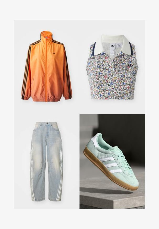 Chaqueta de chándal con degradado naranja, confeccionada en tejido suave, con acentos de rayas negras, cuello alto y puños elásticos, además de un cierre frontal de cremallera.; Top de cultivo floral con base blanca decorada con flores azules, rojas y amarillas. Incluye un cuello blanco con acentos en azul marino y un logo bordado.; Jeans de denim azul claro con corte holgado, que presentan franjas blancas a los lados, detalles desgastados y un cierre de botón en la cintura.; Zapatilla Adidas Gazelle en ante verde menta con acentos blancos, cierre con cordones y suela de goma. Presenta tres franjas blancas.