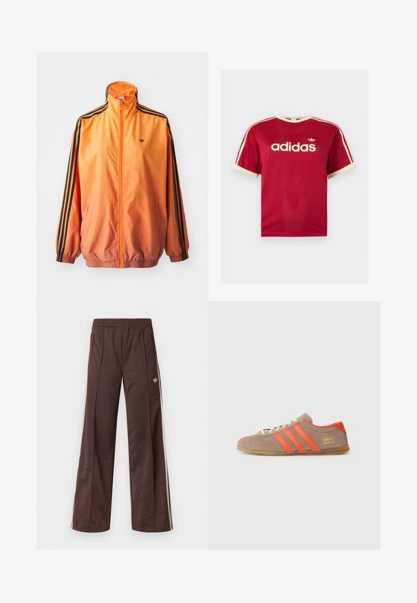 Orangene Gradient-Trackjacke aus glattem Stoff mit schwarzen Streifenakzenten, hohem Kragen und elastischen Bündchen sowie einem Frontreißverschluss.; Rotes Adidas Mesh-T-Shirt mit beigem Besatz am Kragen, an den Ärmeln und den drei Streifen auf den Schultern, mit Adidas-Logo und Schriftzug auf der Vorderseite.; Braune Sporthose mit weitem Bein, weißen Seitenstreifen, elastischem Bund und zwei Seitentaschen. Mit kleinem Logo am Bein.; Braune Wildleder-Sneaker mit drei leuchtend orangefarbenen Streifen, Schnürung vorne und goldenem "Gazelle"-Branding an der Seite. Flache Gummisohle.