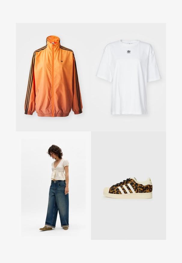 Oranje gradient trackjack met een gladde stof, voorzien van zwarte gestreepte accenten, hoge kraag en elastische manchetten met een rits aan de voorkant.; Witte korte mouwen t-shirt van katoen. Voorzien van een ronde hals en een klein zwart Adidas-logo op de borst. Rechthoekige zoom.; Vrouw in een crèmekleurig T-shirt met korte mouwen en V-hals met kantdetails, losse wijde blauwe jeans met omgeslagen zoom en olijfgroene schoenen, staand op een witte achtergrond.; Luipaardprint sneakers met zwarte veters, witte drie-streep ontwerp, crèmekleurige rubberen neus en zool, gestructureerd bovenmateriaal.