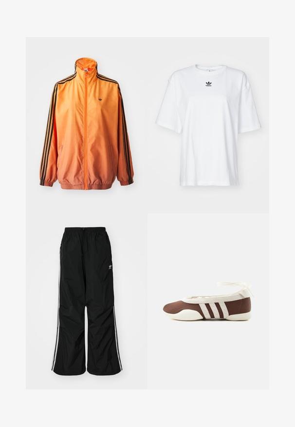 Orange gradient trackjakke lavet af glat stof, med sorte stribede detaljer, høj krave og elastiske manchetter samt lynlås foran.; Hvid kortærmet t-shirt lavet af bomuld. Har en rund halsudskæring og et lille sort Adidas-logo på brystet. Lige skåret kant.; Sorte vindjakke-bukser med elastisk talje, snøre, hvide side-striber, løs pasform og en lille logo på venstre side.; Brun og hvid balletflad sko med tre hvide striber og ankelbånds sløjfe på en ensartet lys baggrund.