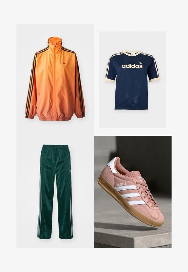 Orange gradient track jacket made of smooth fabric, featuring black striped accents, high collar, and elastic cuffs with a front zipper.; Navy blue Adidas mesh short-sleeve shirt with cream trim, three cream stripes on sleeves, and Adidas logo on chest.; Dark green athletic pants made of shiny material, featuring side stripes in light gray and an embroidered logo on the left leg.; Pink suede sneaker with white stripes, rubber gum sole, textured upper, and logo on tongue. Classic low-top design.