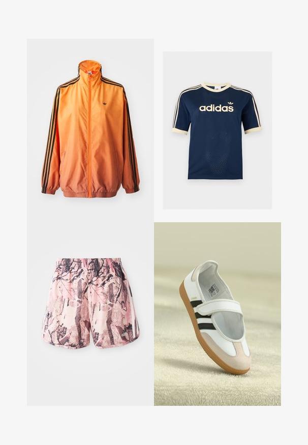 Oranssi gradientti urheilutakki, joka on valmistettu sileästä kankaasta ja jossa on mustat raidalliset yksityiskohdat, korkea kaulus ja joustavat hihansuut sekä edessä vetoketju.; Laivastonsininen Adidas-verkkopaitapusero, jossa on lyhyet hihat, kerma reunus, kolme kermanväristä raitaa hihoissa ja Adidas-logo rinnassa.; Vaaleanpunaiset ja ruskeat kuviolliset shortsit, joissa on joustava vyötärö ja sivu raidat, sekä graafinen suunnittelu, joka muistuttaa lehvistöä ja oksia.; Valkoinen kenkä, jossa on vaaleanpunainen mokkanokka, mustat raidat ja tarranauha. Varustettu ruskealla kumipohjalla ja logolla sivussa.