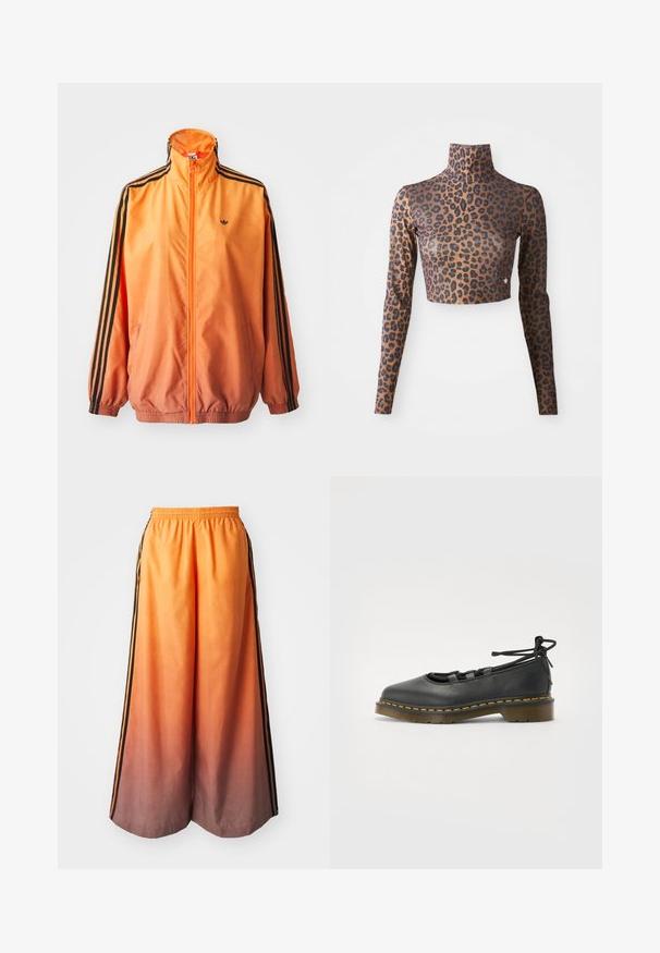 Orange gradient trackjakke lavet af glat stof, med sorte stribede detaljer, høj krave og elastiske manchetter samt lynlås foran.; Langærmet cropped top med leopardprint i brune og sorte farver, med høj hals og glat, sleek tekstur. Diskret logo-detalje ved kanten.; Orange gradient brede bukser med en sort sidestribe, der har en elastisk talje og letvægtsmateriale.; Sort lædersko med rund tå, lav hæl, snøre detaljer og gul stitching langs sålen. Glat tekstur med en mat finish.