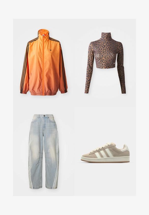 Oranje gradient trackjack met een gladde stof, voorzien van zwarte gestreepte accenten, hoge kraag en elastische manchetten met een rits aan de voorkant.; Leopardprint langsl sleeve crop top in bruin en zwart, met een hoge hals en een strakke, gladde textuur. Subtiele logo-detail aan de rand.; Lichtblauwe denim jeans met een losse pasvorm, voorzien van witte strepen aan de zijkanten, verweringdetails en een knoopsluiting in de taille.; Tan suède sneaker met witte leren strepen en veters, rubberen zool, gewatteerde kraag en tekstuurdetails aan de bovenkant.