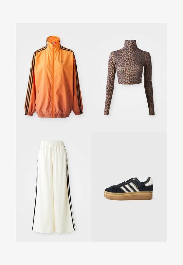 Orange gradient trackjakke lavet af glat stof, med sorte stribede detaljer, høj krave og elastiske manchetter samt lynlås foran.; Langærmet cropped top med leopardprint i brune og sorte farver, med høj hals og glat, sleek tekstur. Diskret logo-detalje ved kanten.; Hvide løse bukser med elastisk talje og sorte lodrette striber langs yderseams.; Sorte, langhårede sneakers med hvide striber og gyldent skrift, der har en tyk gummisål og struktureret overdel. Pyntet med en fluffy bagside.