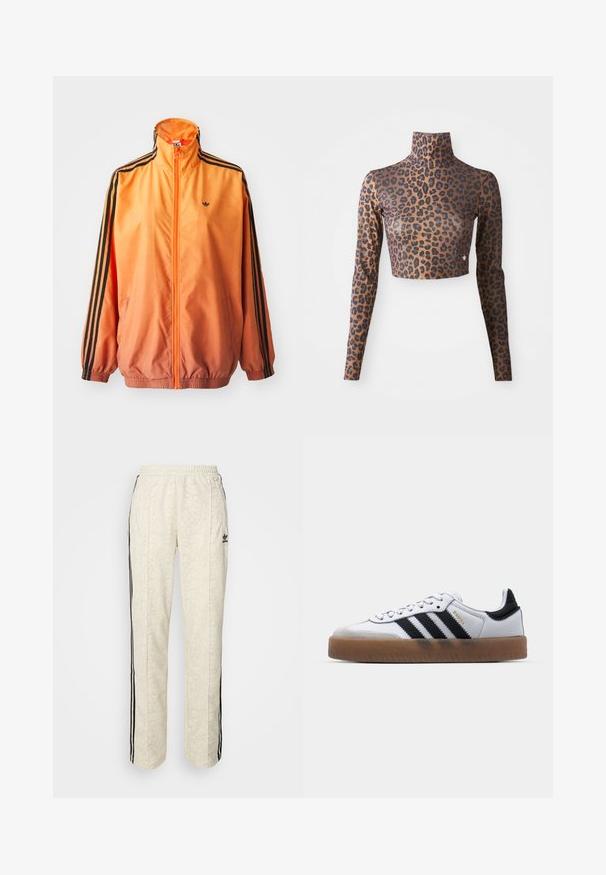 Orange gradient trackjakke lavet af glat stof, med sorte stribede detaljer, høj krave og elastiske manchetter samt lynlås foran.; Langærmet cropped top med leopardprint i brune og sorte farver, med høj hals og glat, sleek tekstur. Diskret logo-detalje ved kanten.; Cremefarvede joggers med et struktureret, slangeskindsmønster. Har sorte sidelister og en elastisk talje. Sort logoaccent på låret.; Hvide lædersneakers med sorte striber, gummirubber sål, rund tå, snørelukning og blød grå ruskinds tåhætte.