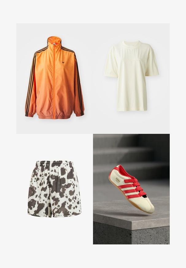 Orange gradient track jacket made of smooth fabric, featuring black striped accents, high collar, and elastic cuffs with a front zipper.; Cream-colored cotton T-shirt with a round neck, short sleeves, and embossed "adidas" logo on the chest. Smooth texture and relaxed fit.; White elastic-waist shorts with loose fit featuring irregular dark brown cow print pattern.; Red and cream athletic shoe with three red stripes, a soft upper, rubber sole, and Velcro straps. Features a sleek, low-profile design.