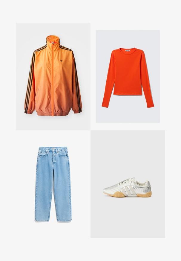 Chaqueta de chándal con degradado naranja, confeccionada en tejido suave, con acentos de rayas negras, cuello alto y puños elásticos, además de un cierre frontal de cremallera.; Camiseta de manga larga y cuello redondo en color naranja brillante, confeccionada en suave algodón, con un corte recto y diseño sencillo.; Vaqueros de mezclilla azul claro con un corte holgado, cintura alta, diseño de cinco bolsillos y un ligero deslavado a lo largo de las costuras de las piernas.; Zapatilla deportiva plateada con parte superior de cuero suave, suela de goma y detalles texturizados. Presenta un diseño curvado y cordones tonales.