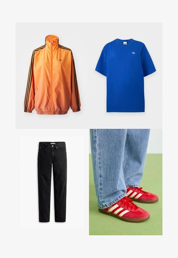 Orange gradient trackjakke lavet af glat stof, med sorte stribede detaljer, høj krave og elastiske manchetter samt lynlås foran.; Blå Adidas T-shirt med korte ærmer og rund halsudskæring med lille hvid Adidas trefoil-logo på venstre bryst.; Sorte straight-leg jeans med knap- og lynlåslukning, bæltestropper samt for- og baglommer, vist fladt på hvid baggrund.; Røde ruskinds sneakers med tre hvide striber, rund tå og tekstureret sål, parret med lyseblå denim jeans på en grøn baggrund.