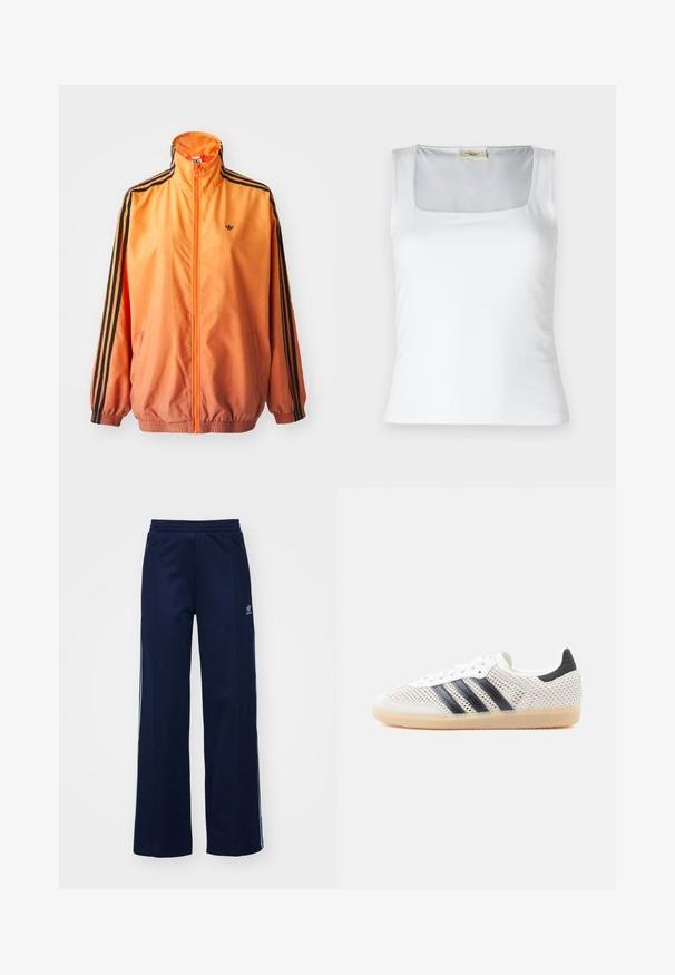 Chaqueta de chándal con degradado naranja, confeccionada en tejido suave, con acentos de rayas negras, cuello alto y puños elásticos, además de un cierre frontal de cremallera.; Top de tirantes blanco con escote cuadrado, hecho de una tela suave. Presenta tirantes anchos y una silueta ajustada. Sin patrones ni adornos visibles.; Pantalones de chándal de mezcla de algodón en color marino con diseño de pierna ancha, cinturilla elástica y bolsillos con cremallera, con franjas laterales blancas y detalle de logotipo.; Zapatillas deportivas de malla blanca con diseño de tres franjas negras, punta redondeada y suela de goma color café. Cuentan con un cuello de talón suave y cierre de cordones.