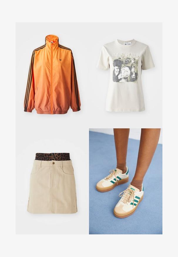 Oranje gradient trackjack met een gladde stof, voorzien van zwarte gestreepte accenten, hoge kraag en elastische manchetten met een rits aan de voorkant.; Beige katoenen t-shirt met een ronde hals. Voorzien van een grafische print met personages en tekst uit "Buffy", in zwart en grijstinten.; Tan denim rok met een bruine elastieken tailleband met luipaardprint, voorzakken en een rechte snit, met zichtbare stikdetails.; Beige sneakers met donkergroene strepen, rubberen zool, bovenwerk van suede en textiel, en neutrale hardware, gecombineerd met bruine sokken op een lichtblauwe ondergrond.