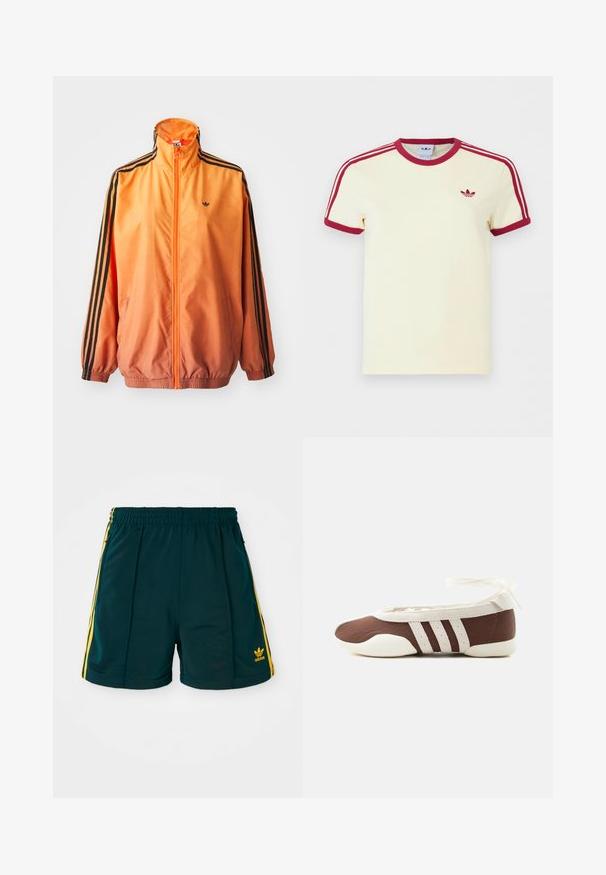 Orange gradient trackjakke lavet af glat stof, med sorte stribede detaljer, høj krave og elastiske manchetter samt lynlås foran.; Kremfarvet Adidas T-shirt med korte ærmer, rød ribkant ved hals, ærmekanter, tre røde striber på skuldrene og rødt Adidas trefoil-logo på brystet.; Mørkegrønne sportsshorts med elastisk talje, prydet med gule sidelister og et broderet gult logo på underbenet.; Brun og hvid balletflad sko med tre hvide striber og ankelbånds sløjfe på en ensartet lys baggrund.