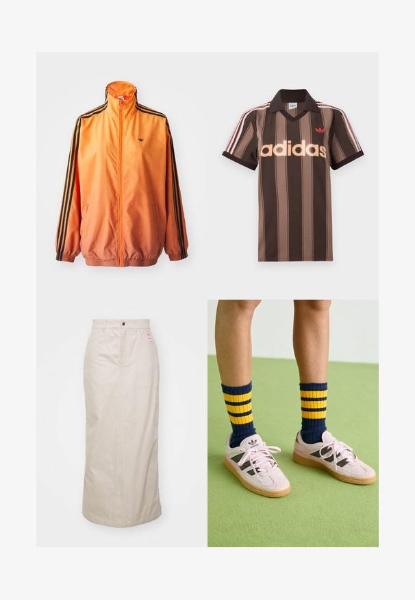 Oranžistest gradientidega jooksjakas, mis on valmistatud siledast kangast, mustade triipudega aktsentidega, kõrge kaelusega ja elastsete paeltega, ees tõmblukuga.; Pruunide triipudega Adidas polotee, V-kaelusega, bordeau krae ja punase logoga. Omad valge ja punase triibuga õlad ning lühikesed varrukad.; Bež triibuline seelik kõrgema vöökohaga, peidetud tõmblukk ja metallist nööbiga kinnitamine. Esiosas on väike kaubamärgiga silt.; Kerged roosa seemisnahast tossud mustade triipudega ja kummist tallaga, koos tumesiniste ja kollaste triipudega ribakudumiga sokkidega. Roheline tekstuuriga põrand.