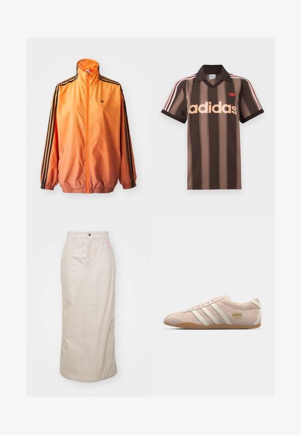 Oranje gradient trackjack met een gladde stof, voorzien van zwarte gestreepte accenten, hoge kraag en elastische manchetten met een rits aan de voorkant.; Bruine gestreepte Adidas polo met V-hals, bordeauxrode kraag en rood logo. Heeft witte en rode schouderstrepen, korte mouwen.; Beige gestreepte rok met een hoge taille, verborgen rits en metalen knoopsluiting. Inclusief een klein merklabel aan de voorkant.; adidas Originals TOKYO - Sneakers laag - quartz/off white