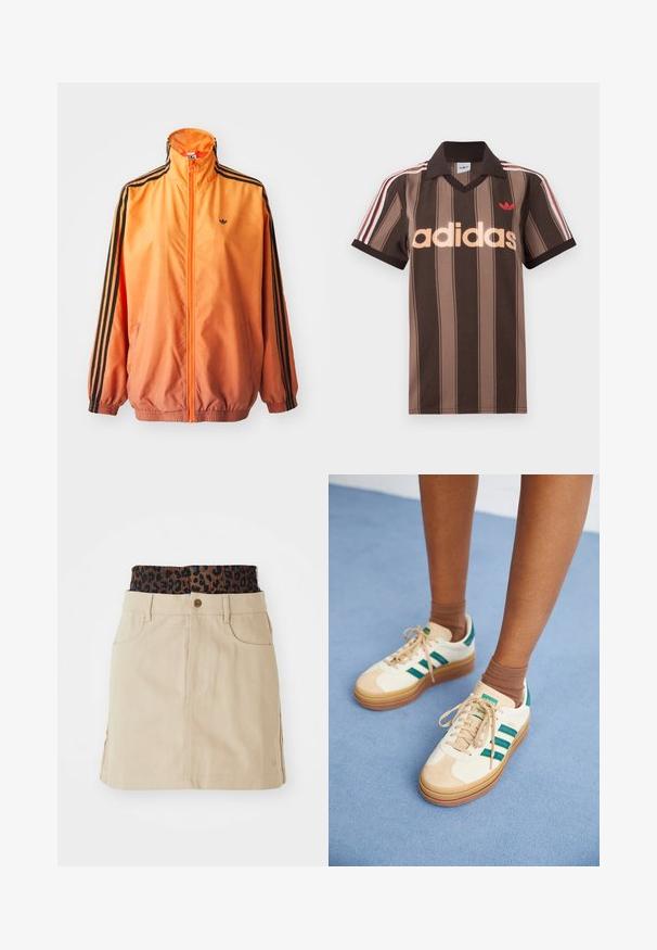 Oranje gradient trackjack met een gladde stof, voorzien van zwarte gestreepte accenten, hoge kraag en elastische manchetten met een rits aan de voorkant.; Bruine gestreepte Adidas polo met V-hals, bordeauxrode kraag en rood logo. Heeft witte en rode schouderstrepen, korte mouwen.; Tan denim rok met een bruine elastieken tailleband met luipaardprint, voorzakken en een rechte snit, met zichtbare stikdetails.; Beige sneakers met donkergroene strepen, rubberen zool, bovenwerk van suede en textiel, en neutrale hardware, gecombineerd met bruine sokken op een lichtblauwe ondergrond.