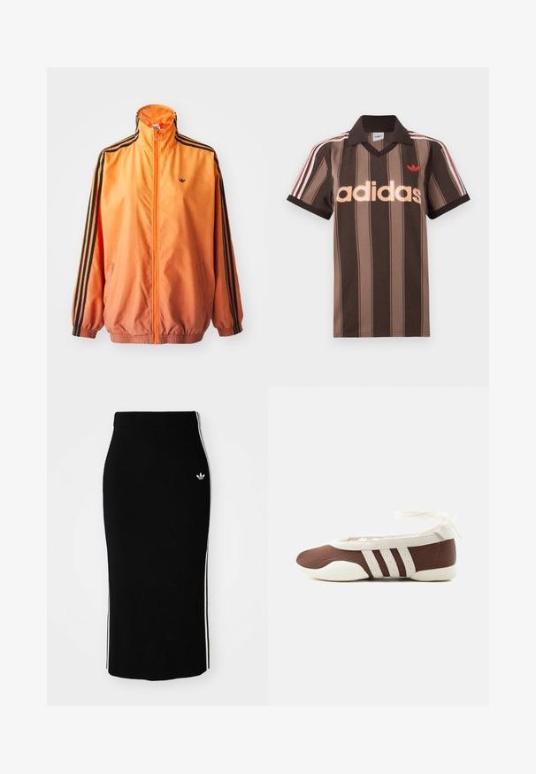 Oranžistest gradientidega jooksjakas, mis on valmistatud siledast kangast, mustade triipudega aktsentidega, kõrge kaelusega ja elastsete paeltega, ees tõmblukuga.; Pruunide triipudega Adidas polotee, V-kaelusega, bordeau krae ja punase logoga. Omad valge ja punase triibuga õlad ning lühikesed varrukad.; Must have ribidega midi seelik, millel on hästi liibuv disain, valgete külgtriipude ja väikese valge embleemiga vasakul küljel.; Pruun ja valge baleriinjalanõu, millel on kolm valget triipu ja pahkluu paelaga lips, helel taustal.