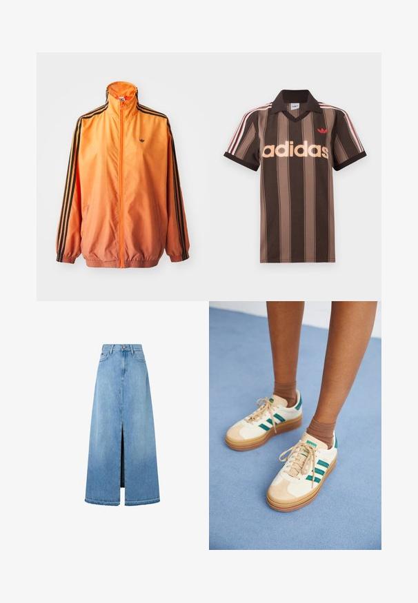 Orangene Gradient-Trackjacke aus glattem Stoff mit schwarzen Streifenakzenten, hohem Kragen und elastischen Bündchen sowie einem Frontreißverschluss.; Braunes gestreiftes Adidas-Poloshirt mit V-Ausschnitt, bordeauxrotem Kragen und rotem Logo. Mit weißen und roten Schulterstreifen, kurzen Ärmeln.; Hellblauer Denim-Maxirock mit einem Frontschlitz, typischer A-Linien-Form, verarbeitetem Saum und klassischem Fünf-Taschen-Design. Knopfverschluss an der Taille.; Beige Sneakers mit dunkelgrünen Streifen, Gummisohle, Obermaterial aus Wildleder und Textil sowie neutralen Hardwareteilen, kombiniert mit braunen Socken auf einer hellblauen Oberfläche.