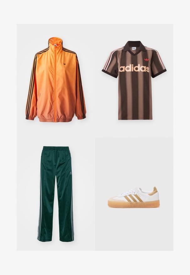 Orange gradient trackjakke lavet af glat stof, med sorte stribede detaljer, høj krave og elastiske manchetter samt lynlås foran.; Brunstribet Adidas polo-shirt med V-hals, bordeaux krave og rødt logo. Har hvide og røde skulderstriber samt korte ærmer.; Mørkegrønne træningsbukser lavet af skinnende materiale, med sidelister i lys grå og et broderet logo på venstre ben.; Hvide sneakers med beige accenter, der har tre striber, en rund tå og en gennemsigtig gummisål. Glat læder og tekstilmaterialer.