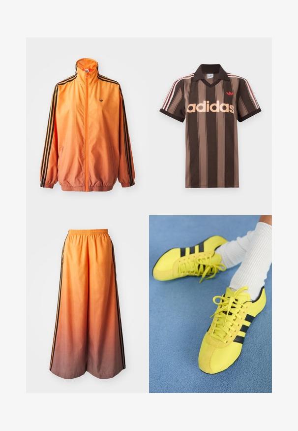 Oranssi gradientti urheilutakki, joka on valmistettu sileästä kankaasta ja jossa on mustat raidalliset yksityiskohdat, korkea kaulus ja joustavat hihansuut sekä edessä vetoketju.; Ruskearaidallinen Adidas-pikeepaita, jossa on V-aukko, viininpunainen kaulus ja punainen logo. Paidassa on valkoiset ja punaiset olkapääraidat sekä lyhyet hihat.; Oranssi gradientti leveälahkeiset housut mustalla sivuraidalla, joissa on elastinen vyötärö ja kevyttä materiaalia.; Kirkkaankeltaiset urheilukengät mustilla raitoja ja nauhoilla; niissä on teksturoitu pinta ja mokkanahkaisia yksityiskohtia. Yhdistetty valkoisten ribbattujen sukkien kanssa.