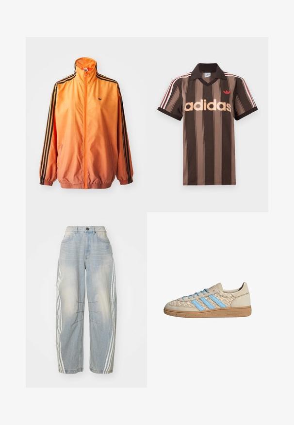 Orangene Gradient-Trackjacke aus glattem Stoff mit schwarzen Streifenakzenten, hohem Kragen und elastischen Bündchen sowie einem Frontreißverschluss.; Braunes gestreiftes Adidas-Poloshirt mit V-Ausschnitt, bordeauxrotem Kragen und rotem Logo. Mit weißen und roten Schulterstreifen, kurzen Ärmeln.; Hellblaue Jeans aus Denim mit lockerer Passform, seitlichen weißen Streifen, verwaschenem Design und einem Knopfverschluss an der Taille.; Beige Sneaker mit einem strukturierten Strick-Obermaterial, hellblauen Streifen und brauner Gummisohle. Mit runden Schnürsenkeln und Logodetail an der Seite.