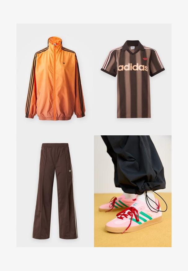 Orange gradient trackjakke lavet af glat stof, med sorte stribede detaljer, høj krave og elastiske manchetter samt lynlås foran.; Brunstribet Adidas polo-shirt med V-hals, bordeaux krave og rødt logo. Har hvide og røde skulderstriber samt korte ærmer.; Brune atletiske bukser med vidde ben, hvide striber på siden, elastisk linning og to sidelommer. Har et lille logo på benet.; Lyserøde ruskindssneakers med grønne striber, røde snørebånd og en gummisål. Parret med sorte bukser, der er samlet ved anklerne.