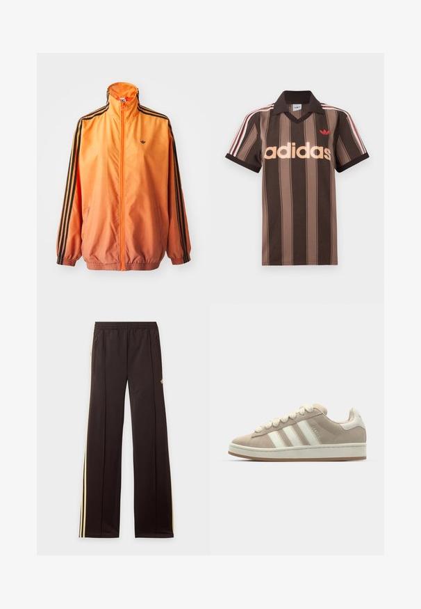 Orangene Gradient-Trackjacke aus glattem Stoff mit schwarzen Streifenakzenten, hohem Kragen und elastischen Bündchen sowie einem Frontreißverschluss.; Braunes gestreiftes Adidas-Poloshirt mit V-Ausschnitt, bordeauxrotem Kragen und rotem Logo. Mit weißen und roten Schulterstreifen, kurzen Ärmeln.; Schwarze Jogginghose mit gelben Seitenstreifen, elastischem Bund, seitlichen Reißverschlusstaschen und kleinem Logo am oberen Oberschenkel.; Hellbeige Wildlederschuhe mit weißen Lederstreifen und -schnürsenkeln, Gummisohle, gepolstertem Kragen und strukturierten Details auf der Oberseite.