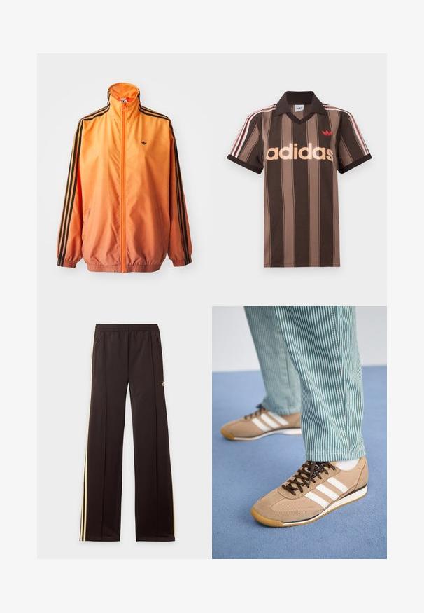 Chaqueta de chándal con degradado naranja, confeccionada en tejido suave, con acentos de rayas negras, cuello alto y puños elásticos, además de un cierre frontal de cremallera.; Polo Adidas marrón con rayas, cuello en V, cuello burdeos y logo rojo. Presenta rayas blancas y rojas en los hombros, mangas cortas.; Pantalones de chándal negros con rayas amarillas laterales, cintura elástica, bolsillos laterales con cremallera y un pequeño logo en el muslo superior.; Zapatillas de ante y malla color arena con cordones marrones y tres rayas blancas. Combinadas con pantalones a rayas verdes y blancas, descansando sobre una superficie azul.