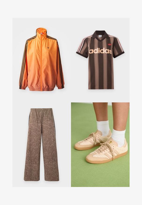 Orange gradient trackjakke lavet af glat stof, med sorte stribede detaljer, høj krave og elastiske manchetter samt lynlås foran.; Brunstribet Adidas polo-shirt med V-hals, bordeaux krave og rødt logo. Har hvide og røde skulderstriber samt korte ærmer.; Brune bukser med vide ben og et beige dyreprintmønster, elastisk linning og kontrasterende sorte sidestriber. Blød stoftekstur.; Fødder iført beige vævede Adidas sneakers med gummisåler og hvide ankelsokker på en grøn struktureret gulv.