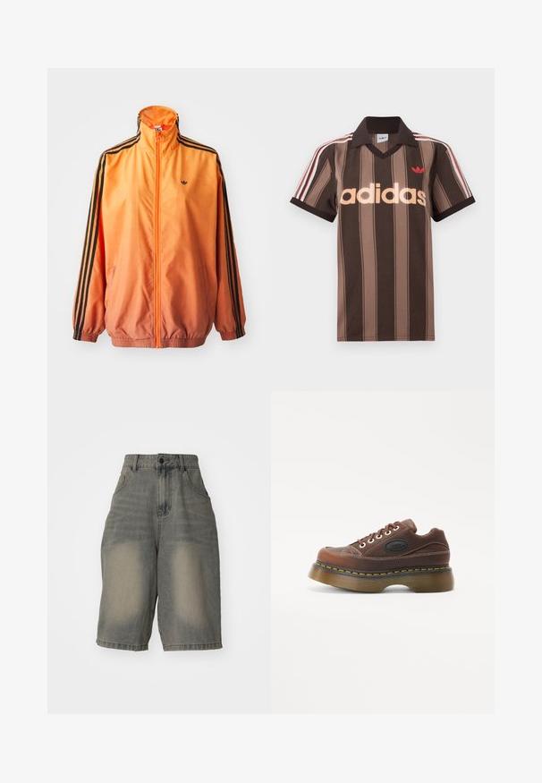 Veste de survêtement en dégradé orange, fabriquée dans un tissu lisse, avec des accents en rayures noires, un col haut et des poignets élastiques, ainsi qu'une fermeture éclair sur le devant.; Polo Adidas rayé marron avec col en V, col bordeaux, et logo rouge. Comprend des rayures blanches et rouges sur les épaules, manches courtes.; Jaded London LIGHT WASH JUMBO JORTS - Short en jean - light wash; Baskets plateformes en cuir marron avec une tige texturée, surpiqûres blanches, fermeture à lacets et accent jaune sur le bord de la semelle.