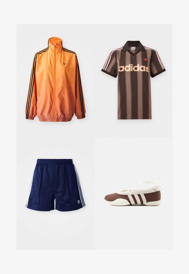 Orange gradient trackjakke lavet af glat stof, med sorte stribede detaljer, høj krave og elastiske manchetter samt lynlås foran.; Brunstribet Adidas polo-shirt med V-hals, bordeaux krave og rødt logo. Har hvide og røde skulderstriber samt korte ærmer.; Marine atletikshorts lavet af letvægtsmateriale, med hvide sidelister og et broderet logo nederst til venstre. Elastisk talje.; Brun og hvid balletflad sko med tre hvide striber og ankelbånds sløjfe på en ensartet lys baggrund.