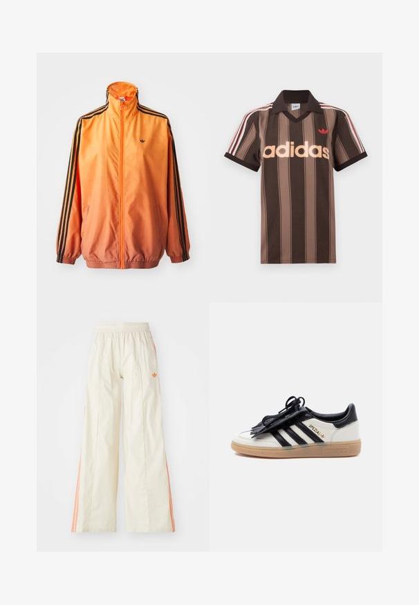 Orange gradient trackjakke lavet af glat stof, med sorte stribede detaljer, høj krave og elastiske manchetter samt lynlås foran.; Brunstribet Adidas polo-shirt med V-hals, bordeaux krave og rødt logo. Har hvide og røde skulderstriber samt korte ærmer.; Cremefarvede bredde benbukser med elastisk talje, der har orange side-striber og et lille orange logo foran.; Hvid og sort Adidas Spezial-sneaker med gummisål, sorte striber og sort snørebåndsdække på en ensartet lys baggrund.