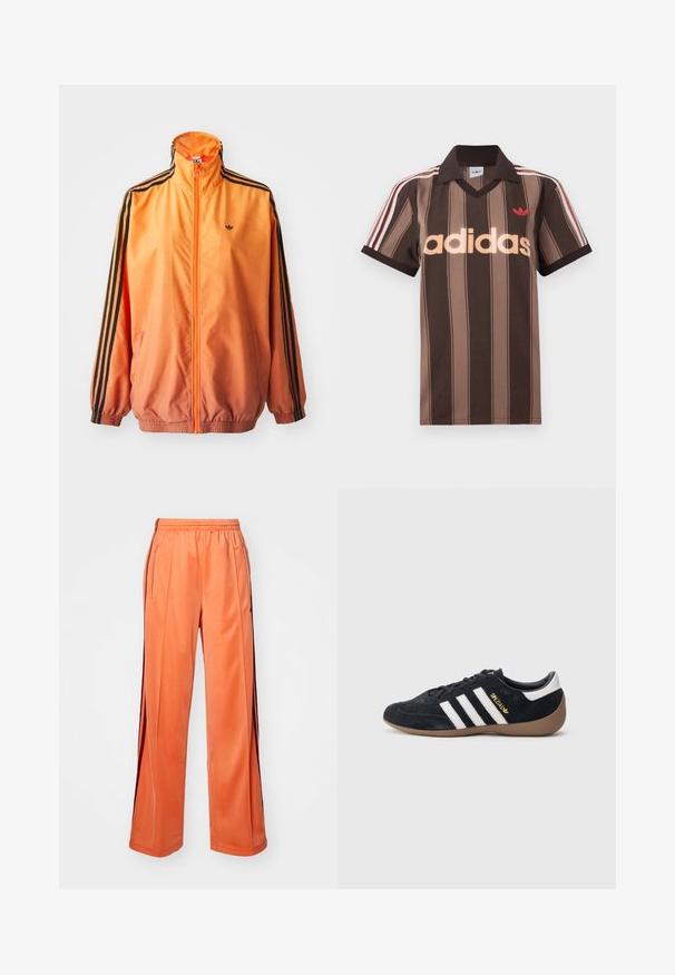 Orangene Gradient-Trackjacke aus glattem Stoff mit schwarzen Streifenakzenten, hohem Kragen und elastischen Bündchen sowie einem Frontreißverschluss.; Braunes gestreiftes Adidas-Poloshirt mit V-Ausschnitt, bordeauxrotem Kragen und rotem Logo. Mit weißen und roten Schulterstreifen, kurzen Ärmeln.; Orange Sporthosen aus glattem Material mit weit geschnittenem Design, elastischem Bund und kontrastierenden Seitestreifen.; Schwarzer Veloursleder-Sneaker mit drei weißen Streifen, Gummisohle und einem kleinen goldenen Logo an der Seite. Verfügt über ein glattes schwarzes Innenfutter.