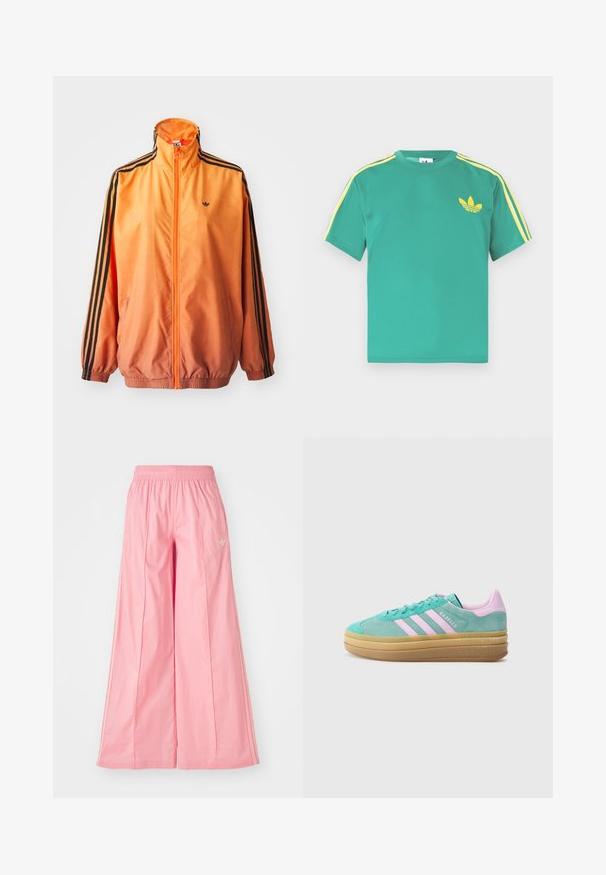 Orange gradient trackjakke lavet af glat stof, med sorte stribede detaljer, høj krave og elastiske manchetter samt lynlås foran.; Grøn bomulds t-shirt med korte ærmer, med gule striber langs skuldrene og et broderet tre-bladet logo på brystet.; Lyserøde brede bukser lavet af let materiale, med elastisk talje og diskrete hvide side striber. Lille logo på fronten.; adidas Originals GAZELLE BOLD - Sneakers - powder teal/bliss lilac/pure teal