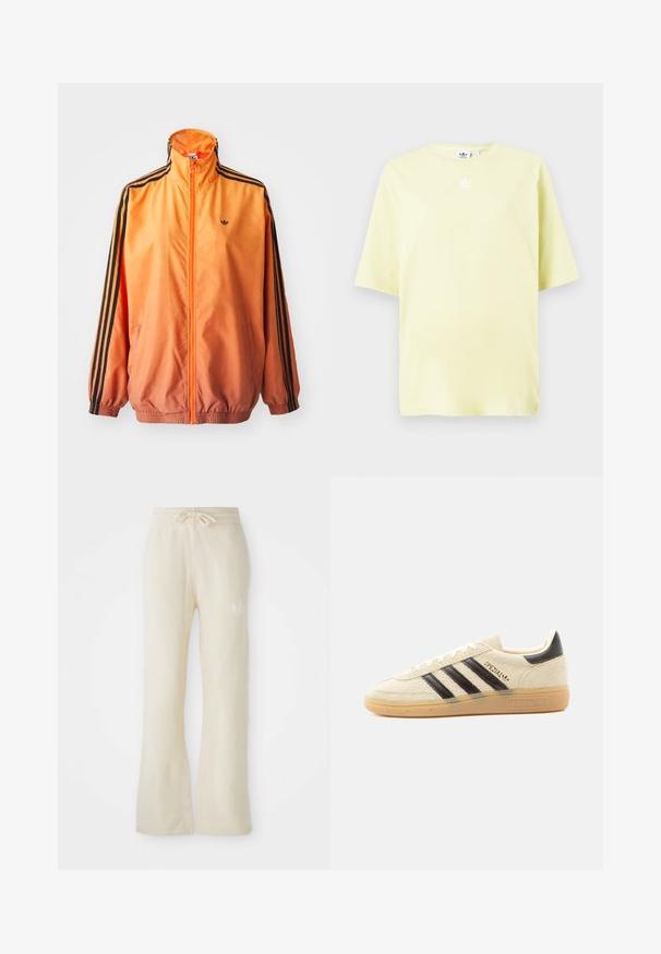 Orangene Gradient-Trackjacke aus glattem Stoff mit schwarzen Streifenakzenten, hohem Kragen und elastischen Bündchen sowie einem Frontreißverschluss.; Helles gelbes Adidas T-Shirt mit kurzen Ärmeln und kleinem weißen Trefoil-Logo in der Mitte nahe dem Ausschnitt.; Cremefarbene Jogginghose aus einem weichen Material, mit einem Kordelzugbund und ausgestellten Beinen. Subtiles Logo-Detail an der linken Hüfte.; Cremefarbener Wildleder-Sneaker mit schwarzen Streifen, Gummisohle, schwarzem Fersenlasche und goldenem „SPEZIAL“-Schriftzug an der Seite.