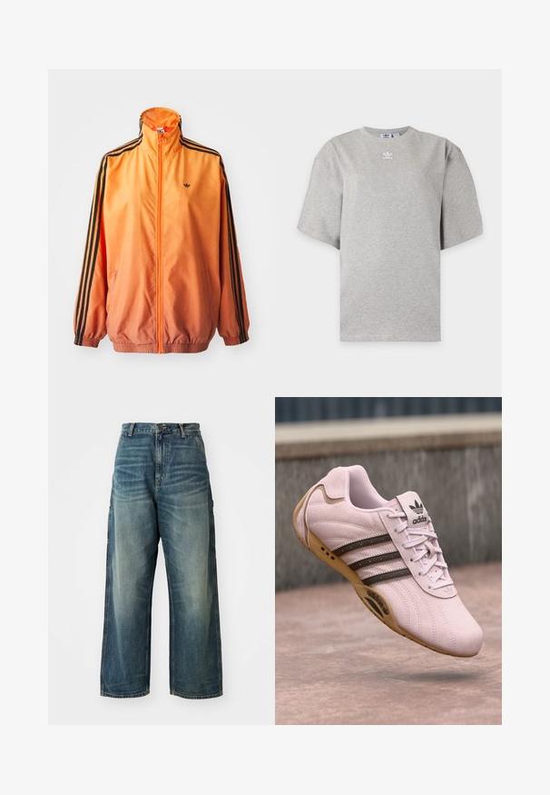 Oranje gradient trackjack met een gladde stof, voorzien van zwarte gestreepte accenten, hoge kraag en elastische manchetten met een rits aan de voorkant.; Lichtgrijs Adidas T-shirt met korte mouwen, ronde hals en klein wit Adidas-logo op de borst, weergegeven op een effen achtergrond.; Wijd uitgesneden denim jeans in een vervaagde blauwe wassing. Bevat een knoopsluiting, vijf zakken en zichtbare stiksels. Materiaal heeft een zachte textuur.; Roze suède sportieve schoen met rubberen zool, voorzien van drie donkere strepen, veters, en het Adidas-logo op de tong. Rondneus ontwerp.