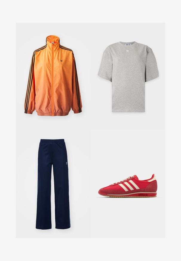 Oranžistest gradientidega jooksjakas, mis on valmistatud siledast kangast, mustade triipudega aktsentidega, kõrge kaelusega ja elastsete paeltega, ees tõmblukuga.; Helehall Adidas lühikeste varrukatega t-särk, ümara kaelusega ja väikese valge Adidas logoga rinnal, esitatud lihtsal taustal.; Tumesinise puuvillaseguse kangaga dressipüksid laia säärekujundusega, elastse värvliga ja tõmblukkudega taskutega, millel on valged külg triibud ja logodetail.; Punane sportlikki king, millel on tekstuuriga ülemine osa, kolm valget triipu, ümmargune varvas ja kummist tallaga, millel on logo detailid küljel.