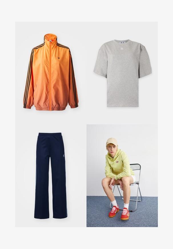 Oranssi gradientti urheilutakki, joka on valmistettu sileästä kankaasta ja jossa on mustat raidalliset yksityiskohdat, korkea kaulus ja joustavat hihansuut sekä edessä vetoketju.; Vaaleanharmaa Adidas lyhythihainen t-paita pyöreällä kaula-aukolla ja pienellä valkoisella Adidas-logolla rinnassa, esitetty yksivärisellä taustalla.; Meripihkala cotton-sekoitekankaisen urheiluhousut leveällä lahkeella, joustava vyötärö ja vetoketjulliset taskut. Housuissa on valkoiset sivuraidat ja logo-yksityiskohta.; Vaaleanvihreä huppari, jossa on logo, valkoiset shortsit, punaiset tennarit valkoisilla raidoilla, istuu kromisessa taitettavassa tuolissa neutraalia taustaa vasten.