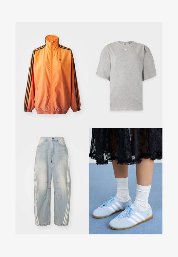 Orange gradient trackjakke lavet af glat stof, med sorte stribede detaljer, høj krave og elastiske manchetter samt lynlås foran.; Lysegrå Adidas T-shirt med korte ærmer, rund hals og lille hvid Adidas-logo på brystet, vist på en ensfarvet baggrund.; Lyseblå denimjeans med løs pasform, der har hvide striber ned langs siderne, slidte detaljer og knaplukning i taljen.; Lyseblå sneakers med hvide striber og hvide sokker, båret med en sort blondekjole, på en blå tæppeoverflade.
