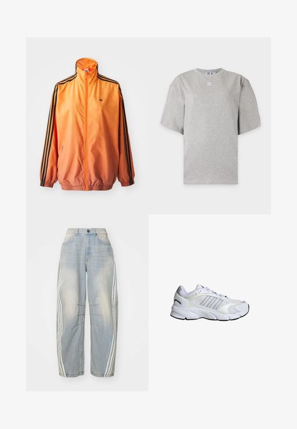 Oranje gradient trackjack met een gladde stof, voorzien van zwarte gestreepte accenten, hoge kraag en elastische manchetten met een rits aan de voorkant.; Lichtgrijs Adidas T-shirt met korte mouwen, ronde hals en klein wit Adidas-logo op de borst, weergegeven op een effen achtergrond.; Lichtblauwe denim jeans met een losse pasvorm, voorzien van witte strepen aan de zijkanten, verweringdetails en een knoopsluiting in de taille.; Witte sportschoen met ademend mesh en synthetische materialen, drie zilveren strepen, een getextureerde rubberen zool en een gevoerde kraag.