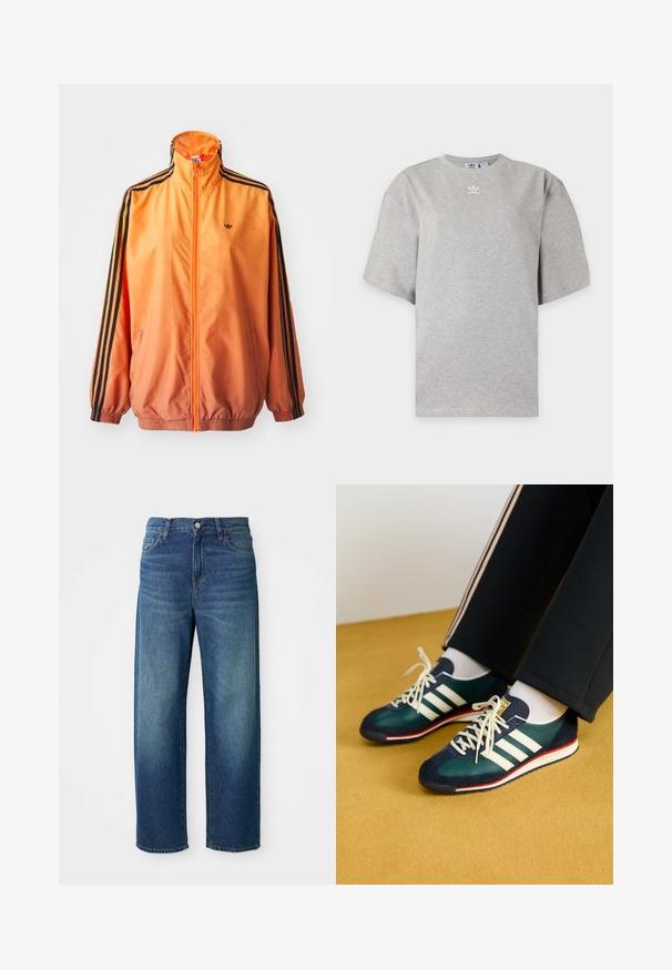 Orangene Gradient-Trackjacke aus glattem Stoff mit schwarzen Streifenakzenten, hohem Kragen und elastischen Bündchen sowie einem Frontreißverschluss.; Hellgraues Adidas T-Shirt mit kurzen Ärmeln, Rundhalsausschnitt und kleinem weißen Adidas-Logo auf der Brust, auf schlichtem Hintergrund dargestellt.; Blaue Jeans aus Denim, weit geschnitten, mittelhoher Bund, dezente Ausbleichungen, im fünf-Taschen-Stil, mit Knopf- und Reißverschluss, gerader Saum.; Grüne Wildleder- und Mesh-Sneaker mit weißen Streifen und roten Akzenten. Sie verfügen über eine flache Sohle und eine runde Zehenpartie, die mit cremefarbenen Schnürsenkeln gebunden sind.