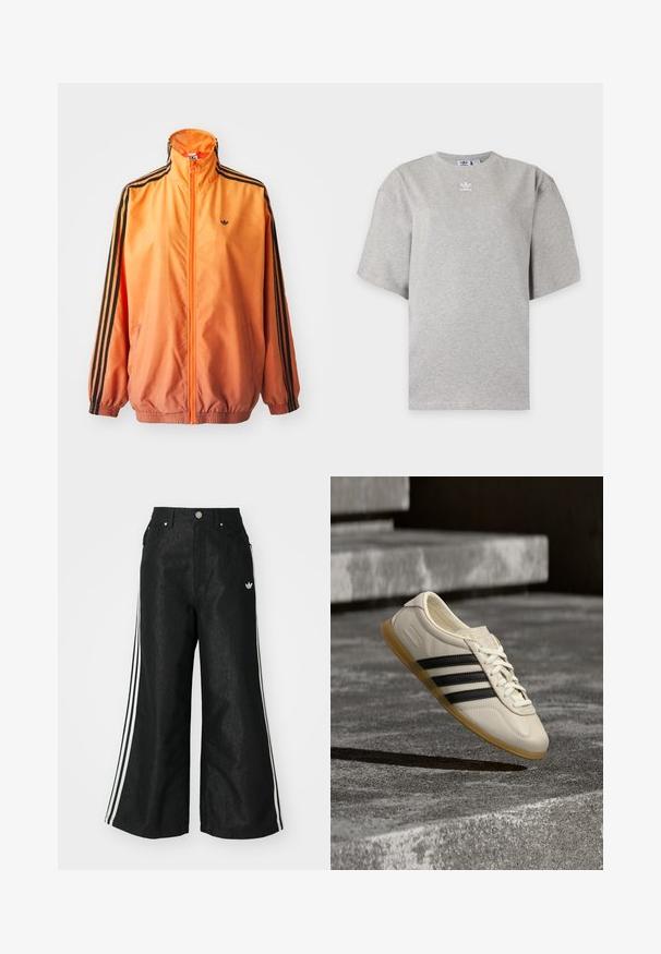 Chaqueta de chándal con degradado naranja, confeccionada en tejido suave, con acentos de rayas negras, cuello alto y puños elásticos, además de un cierre frontal de cremallera.; Camiseta Adidas de manga corta color gris claro con cuello redondo y pequeño logo blanco de Adidas en el pecho, mostrada sobre un fondo liso.; Pantalones de denim anchos y negros con tres franjas blancas en cada lado y un pequeño logo blanco. Cuenta con bolsillos frontales y un cierre de botón.; Zapatilla blanca con rayas negras y suela de goma suspendida sobre escaleras de hormigón en luz diurna suave.