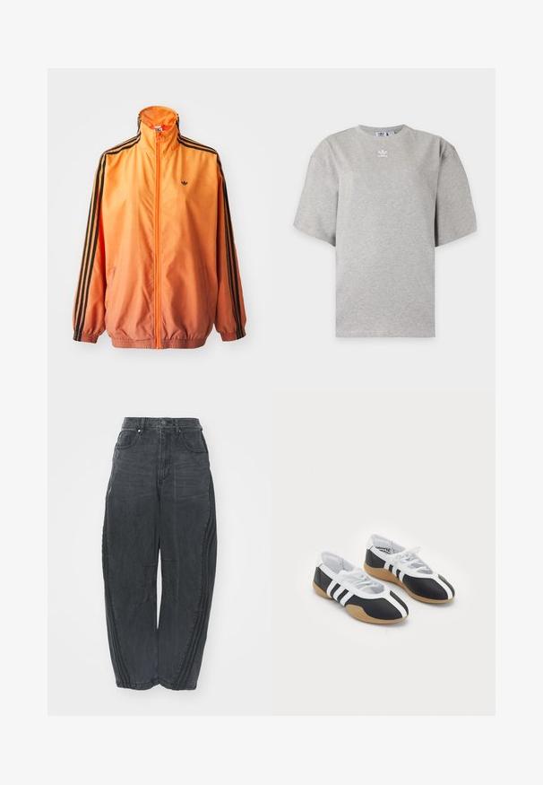 Orangene Gradient-Trackjacke aus glattem Stoff mit schwarzen Streifenakzenten, hohem Kragen und elastischen Bündchen sowie einem Frontreißverschluss.; Hellgraues Adidas T-Shirt mit kurzen Ärmeln, Rundhalsausschnitt und kleinem weißen Adidas-Logo auf der Brust, auf schlichtem Hintergrund dargestellt.; Lockere schwarze Denim-Jeans mit einem verblassten Finish, fünf Taschen, einem Knopfverschluss an der Taille und gestickten Details an der Vorderseite und den Seiten.; Schwarz-weiße Sportschuhe mit einem eleganten Design, Gummisohle, Schnürverschluss und drei weißen Streifen an den Seiten.