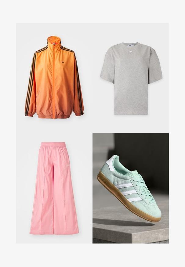 Chaqueta de chándal con degradado naranja, confeccionada en tejido suave, con acentos de rayas negras, cuello alto y puños elásticos, además de un cierre frontal de cremallera.; Camiseta Adidas de manga corta color gris claro con cuello redondo y pequeño logo blanco de Adidas en el pecho, mostrada sobre un fondo liso.; Pantalones de pierna ancha en color rosa, hechos de un tejido ligero, con una cintura elástica y sutiles rayas blancas en los laterales. Pequeño logotipo en la parte delantera.; Zapatilla Adidas Gazelle en ante verde menta con acentos blancos, cierre con cordones y suela de goma. Presenta tres franjas blancas.