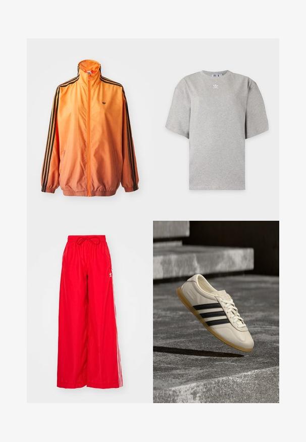 Oranžistest gradientidega jooksjakas, mis on valmistatud siledast kangast, mustade triipudega aktsentidega, kõrge kaelusega ja elastsete paeltega, ees tõmblukuga.; Helehall Adidas lühikeste varrukatega t-särk, ümara kaelusega ja väikese valge Adidas logoga rinnal, esitatud lihtsal taustal.; Kerged jalgadega punased püksid, mis on valmistatud kergest kangast, valgete külgtriipudega ning elastse vöökoha ja kinnitusköiega.; Valge toss mustade triipude ja kummist tallaga hõljub pehme päevavalguse käes betoontreppide kohal.