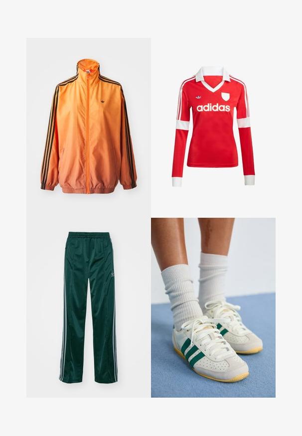 Orangene Gradient-Trackjacke aus glattem Stoff mit schwarzen Streifenakzenten, hohem Kragen und elastischen Bündchen sowie einem Frontreißverschluss.; Rotes Fußballtrikot mit langen Ärmeln, weißem Kragen und weißen Ärmelbündchen. Es hat drei weiße Streifen auf den Schultern und das "adidas"-Logo ist auffällig platziert.; Dunkelgrüne Sporthosen aus glänzendem Material, mit seitlichen Streifen in Hellgrau und einem gestickten Logo auf dem linken Bein.; Füße mit weißen Sneakern mit grünen Streifen und weißen, gerippten Socken stehen auf einem hellblauen Teppich.