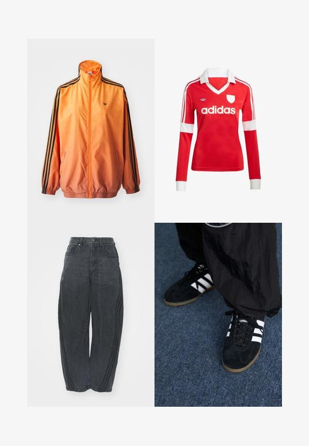 Orangene Gradient-Trackjacke aus glattem Stoff mit schwarzen Streifenakzenten, hohem Kragen und elastischen Bündchen sowie einem Frontreißverschluss.; Rotes Fußballtrikot mit langen Ärmeln, weißem Kragen und weißen Ärmelbündchen. Es hat drei weiße Streifen auf den Schultern und das "adidas"-Logo ist auffällig platziert.; Lockere schwarze Denim-Jeans mit einem verblassten Finish, fünf Taschen, einem Knopfverschluss an der Taille und gestickten Details an der Vorderseite und den Seiten.; Schwarze Wildleder-Sportschuhe mit drei weißen Streifen und schwarzen Schnürsenkeln. Eine strukturierte schwarze Hose ist teilweise neben den Schuhen sichtbar.
