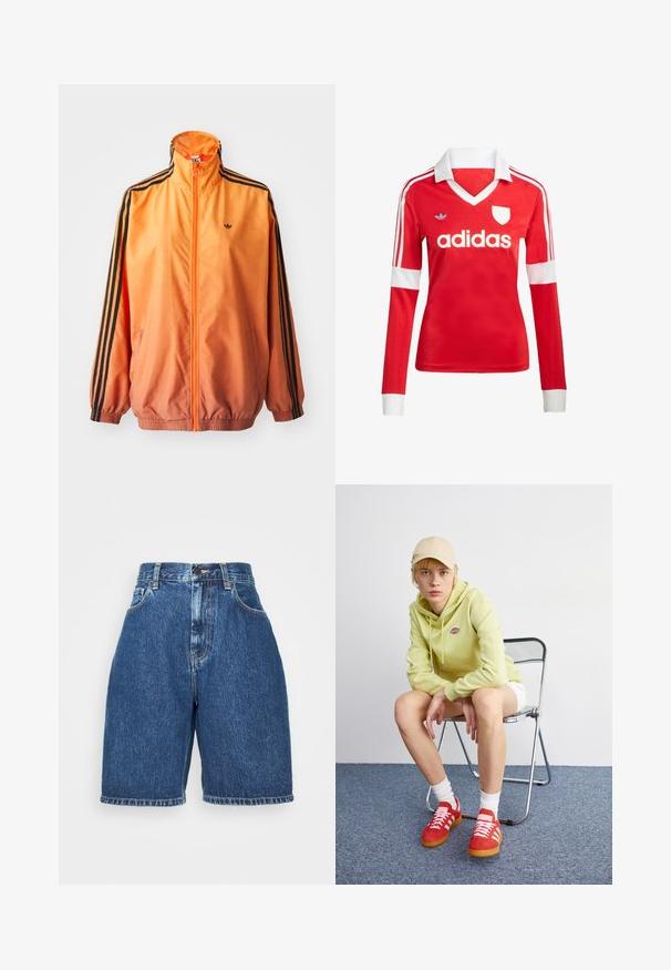 Orange gradient trackjakke lavet af glat stof, med sorte stribede detaljer, høj krave og elastiske manchetter samt lynlås foran.; Rød langærmet fodboldtrøje med hvid krave og manchetter. Har tre hvide striber på skuldrene og "adidas" logoet fremtrædende vist.; Denimshorts i mellemblå med høj talje, med fem lommer og lige ben. Tykkere syninger og en opsmøgede kant.; Lysegrøn hættetrøje med logo, hvide shorts, røde sneakers med hvide striber, siddende på en krom foldebænk mod en neutral baggrund.