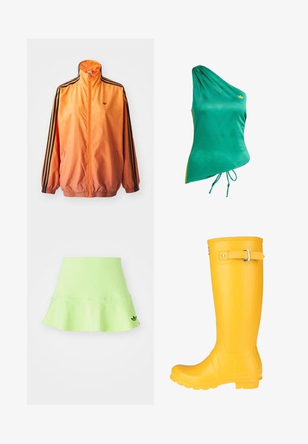 Orange gradient trackjakke lavet af glat stof, med sorte stribede detaljer, høj krave og elastiske manchetter samt lynlås foran.; Grøn top med enkelt skulder med tekstureret geometrisk mønster, med gule accenter og justerbare snore i kanten for en tætsiddende pasform.; adidas Originals SKIRT - Mini skirts - signal green; Gul gummistøvle med en glat overflade, justerbar spænde, og tekstureret sål for bedre greb. Høj design, rund tå, og sømløs krop.