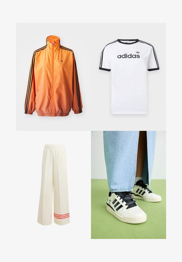 Orange gradient trackjakke lavet af glat stof, med sorte stribede detaljer, høj krave og elastiske manchetter samt lynlås foran.; Hvid bomulds-T-shirt med sorte detaljer, har rundt halsudskæring, korte ærmer, tre sorte striber på skuldrene og adidas-logo i sort.; Cremefarvede bukser med brede ben og tekstureret finish, der har en afslappet pasform, elastisk talje og røde striber ved kanten.; Hvide lædersneakers med sorte detaljer og snøre. Har tre sorte striber, en perforeret tå og en tekstureret gummisål.