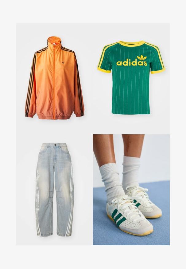 Chaqueta de chándal con degradado naranja, confeccionada en tejido suave, con acentos de rayas negras, cuello alto y puños elásticos, además de un cierre frontal de cremallera.; Camiseta de algodón verde con rayas blancas verticales, detalles amarillos y el logo de "adidas" en fuente amarilla. Diseño de manga corta y cuello redondo.; Jeans de denim azul claro con corte holgado, que presentan franjas blancas a los lados, detalles desgastados y un cierre de botón en la cintura.; Pies con zapatillas blancas con rayas verdes y calcetines blancos de canalé que están sobre una alfombra azul claro.